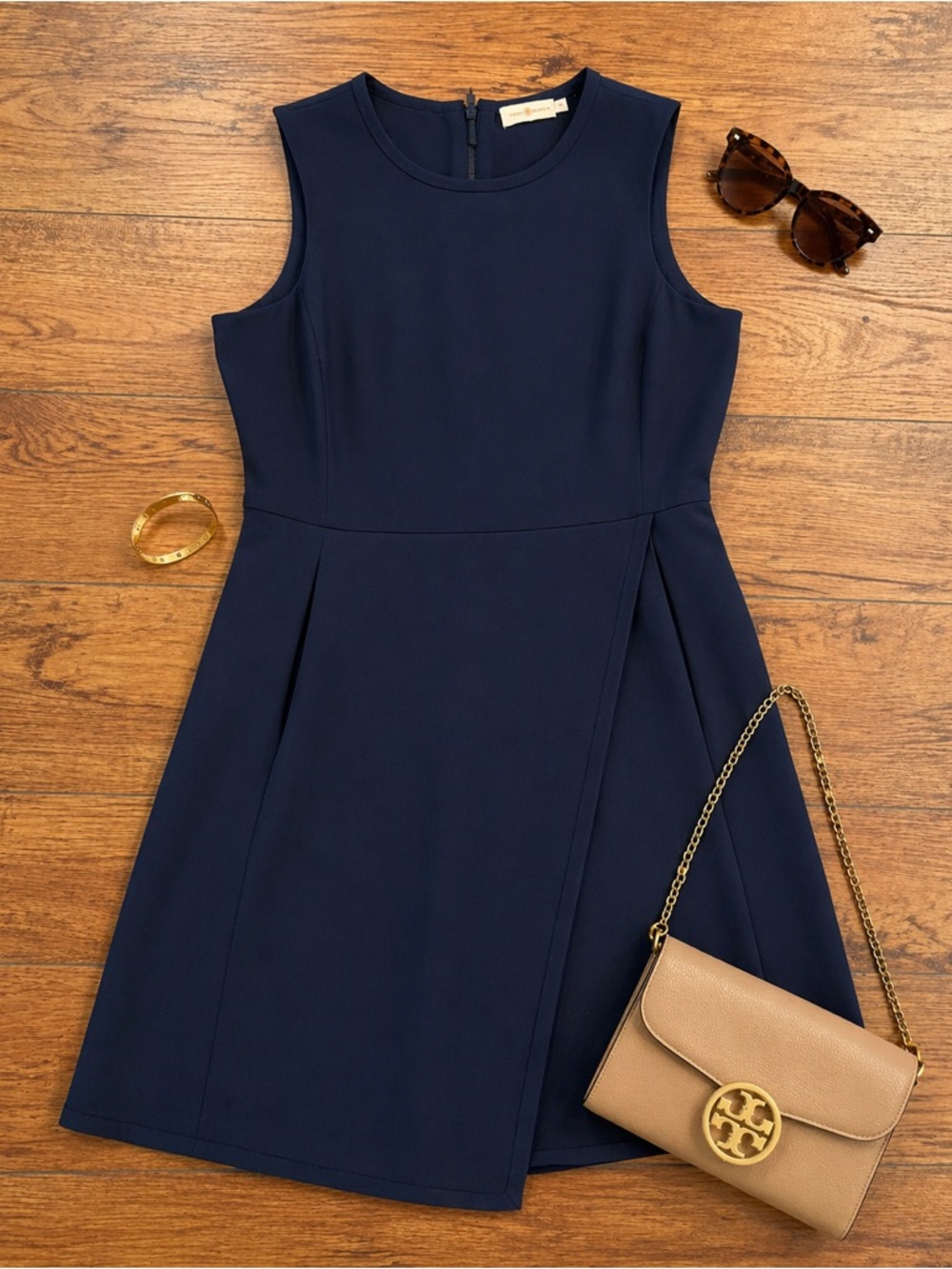 Tory Burch Navy Fit & Flare Dress Size 12 Sleeveless Pockets Lined